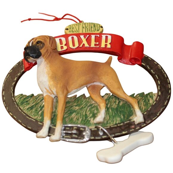 Best Friend Boxer Dog Hanging Ornament w/Red Ribbon & Bone Charm Approx 5" x 4.2 - Picture 1 of 4
